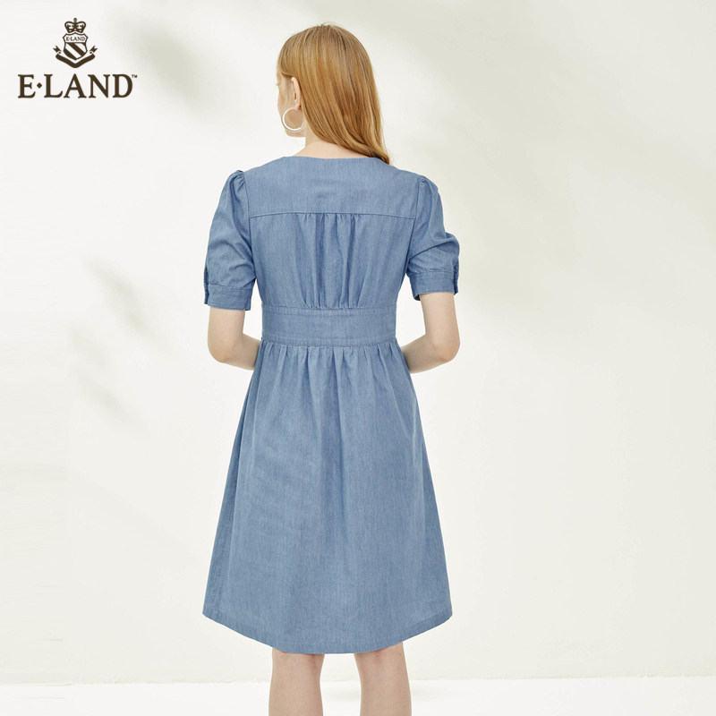 eland2020夏季新款水洗牛仔蓝v领 ELAND连衣裙