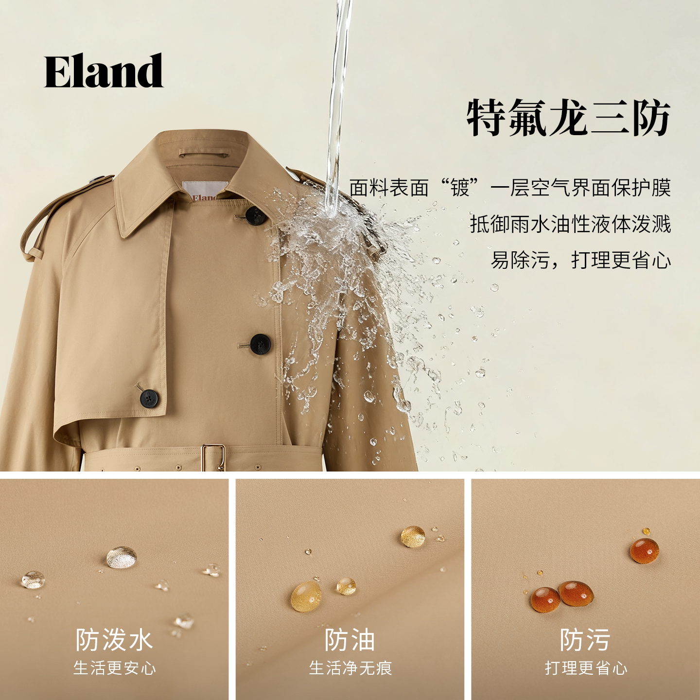 【特氟龙三防】Eland衣恋风衣女英伦风双排扣外套2025秋季新款