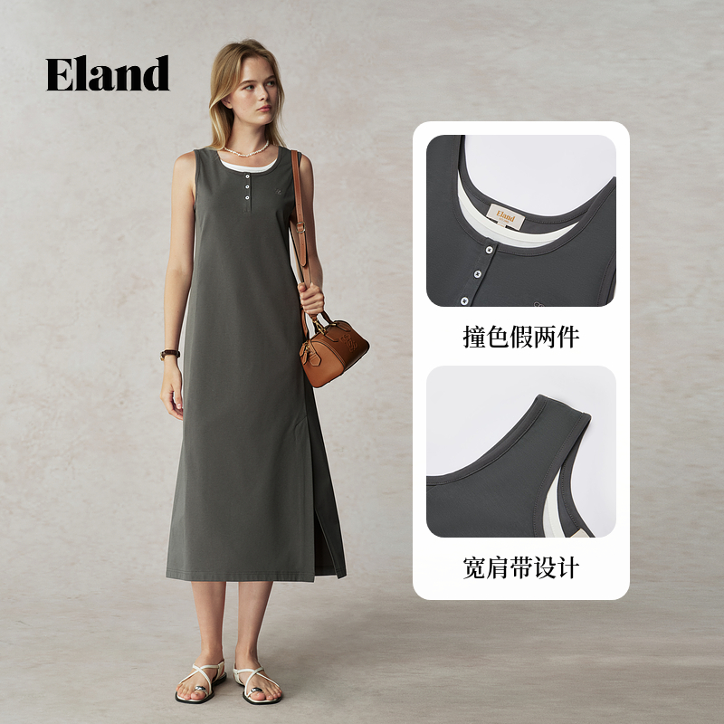 【索罗娜凉感】Eland衣恋连衣裙女无袖显瘦通勤长裙2025夏季新款