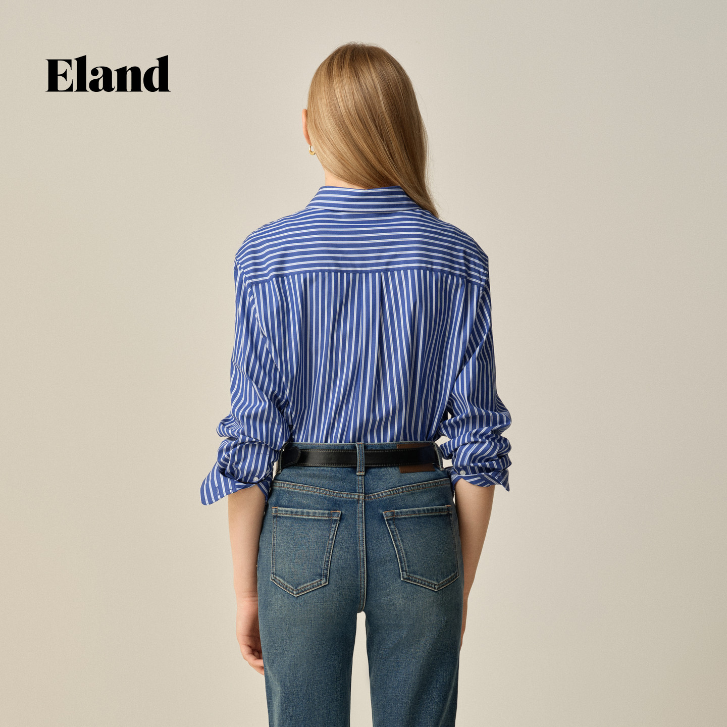 Eland衣恋衬衫女时尚条纹长袖翻领棉质上衣2025冬季新款