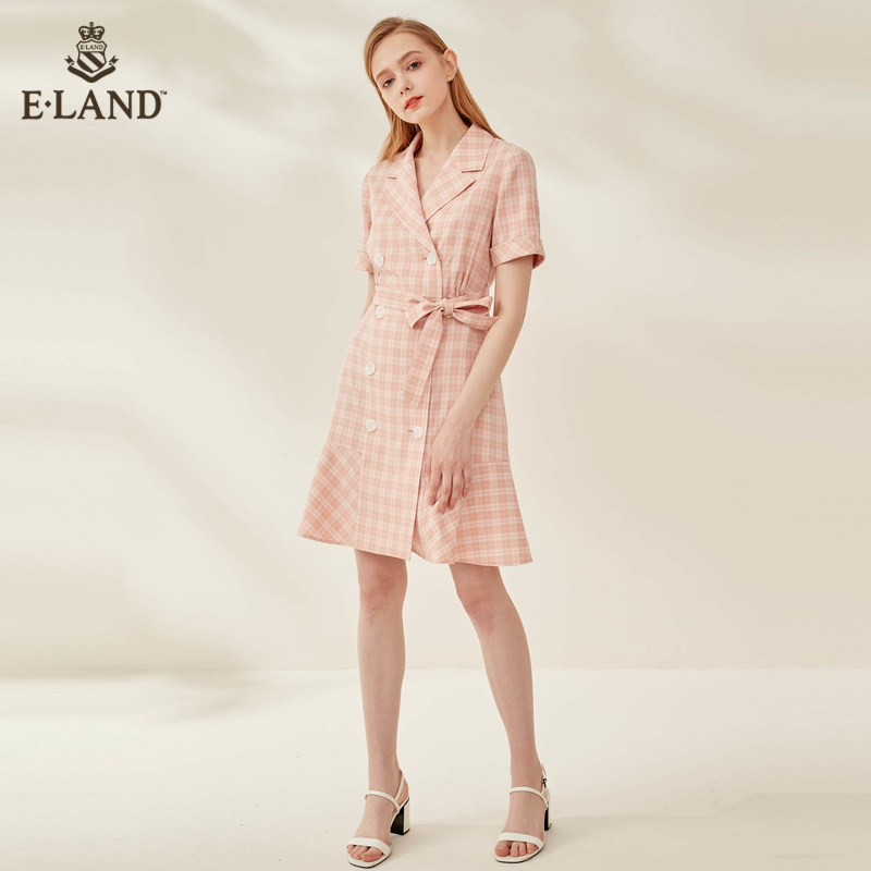 eland2020夏季新款西装领双排扣 ELAND连衣裙
