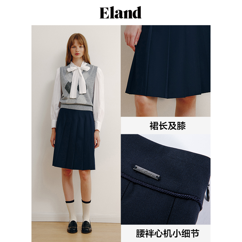 Eland衣恋半身裙女学院风高腰及膝高级感格雷系垂坠感百褶裙-图2