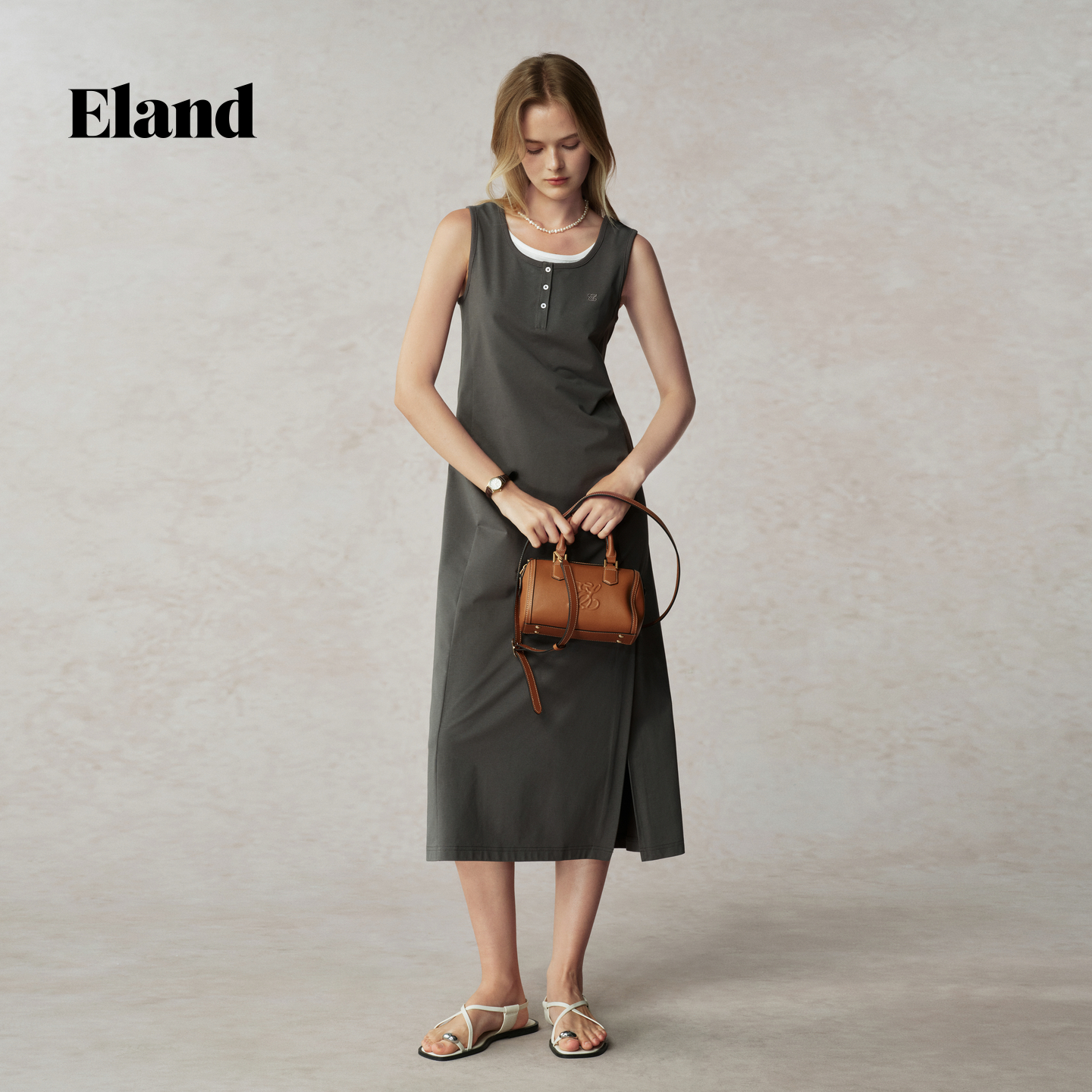 【索罗娜凉感】Eland衣恋连衣裙女无袖显瘦通勤长裙2025夏季新款