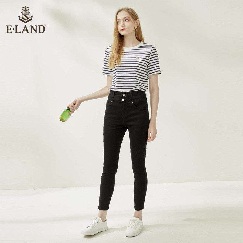 eland2020高腰双粒扣牛仔九分裤女 ELAND牛仔裤