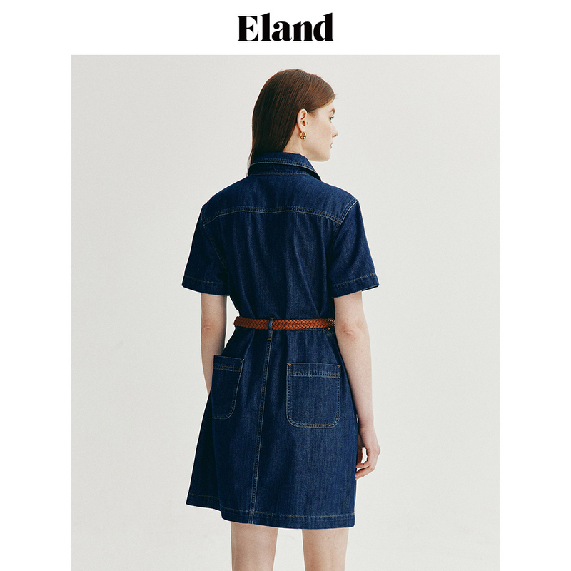 【威化牛仔】Eland衣恋翻领牛仔连衣裙直身H型裙子夏 - 图1