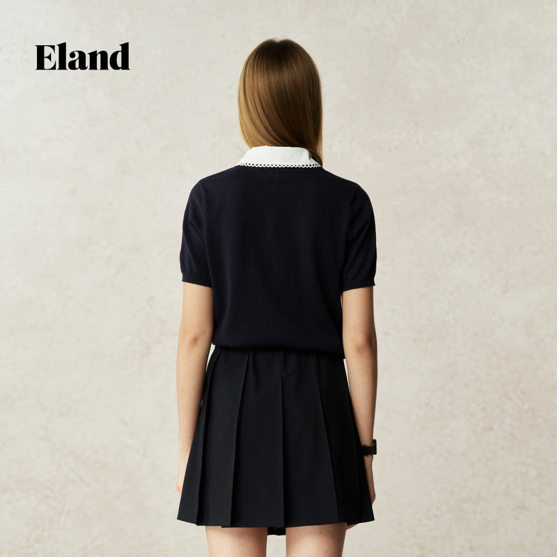 【夏日云朵衫】Eland衣恋针织T恤女假两件娃娃领正肩短袖25夏新款