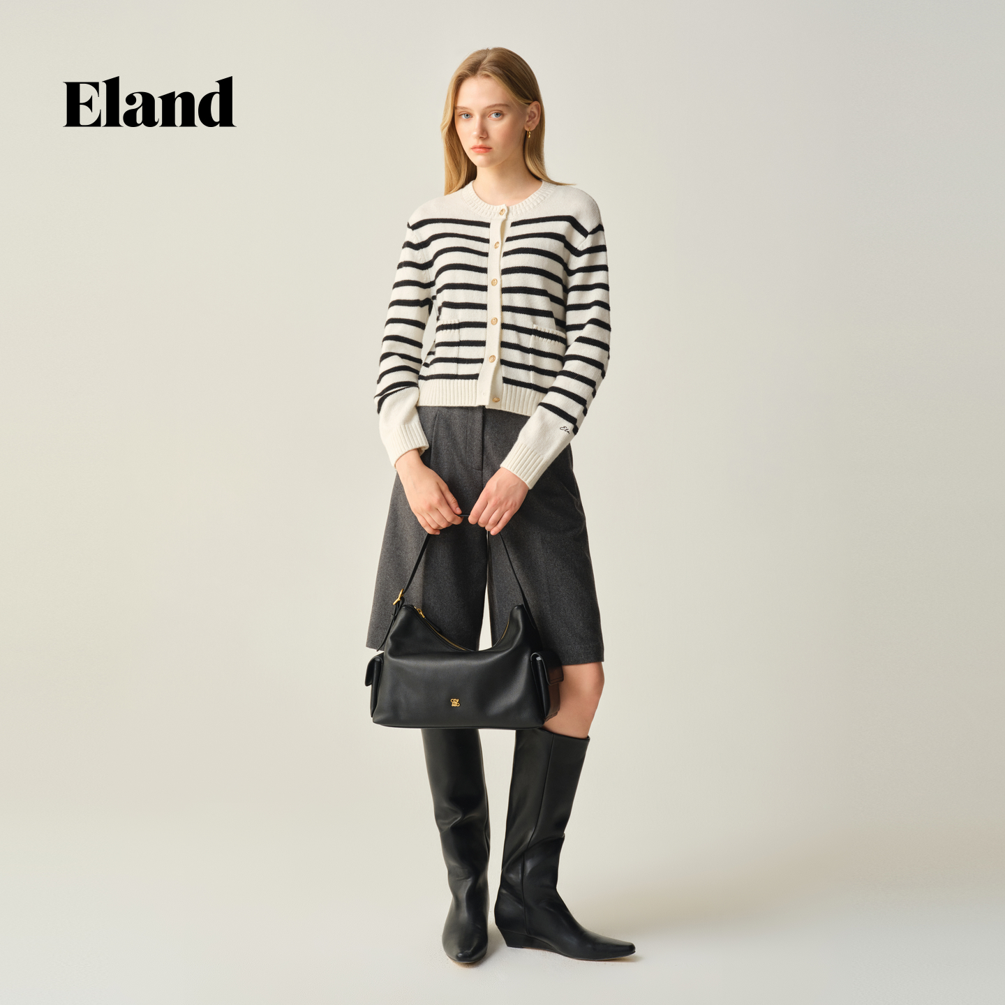 Eland衣恋毛针织衫女时尚条纹开衫单排扣上衣2025冬季新款 - 图0