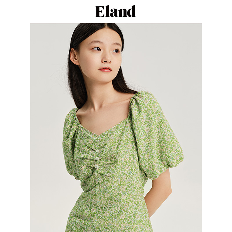 【商场同款】Eland衣恋柔美压纹感碎花连衣裙夏季V领设计 - 图2