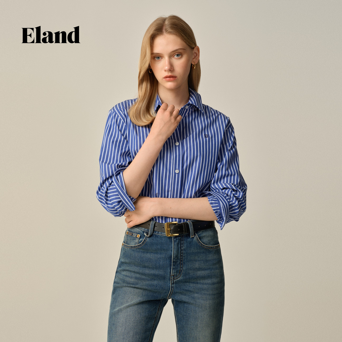 Eland衣恋衬衫女时尚条纹长袖翻领棉质上衣2025冬季新款