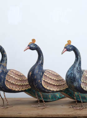 孔雀火烈鸟摆件客厅卧室木雕印度