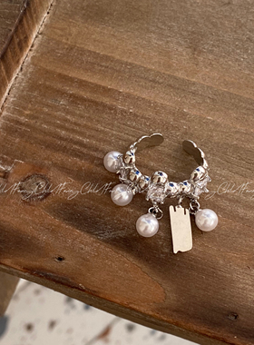 韩国新款ins方形珍珠锆石开口戒指小众简约食指戒个性手饰