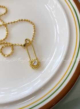 Fanxy小众设计别针锆石项链女ins风毛衣链复古铜镀真金轻奢项链