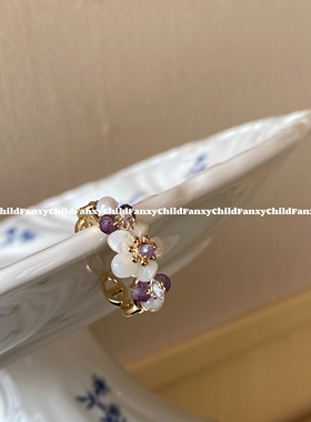 Fanxy春日来信小众设计天然贝母紫水晶花朵钻戒 气质珍珠彩钻首饰