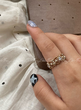 复古戒咖啡金小众vintage戒指蕾丝锆石ins风简约时尚气质做旧配饰