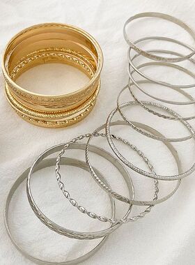 民族风合金复古宽面手镯套装女金色百搭轻奢