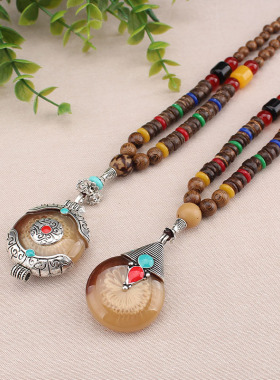 复古民族风长款毛衣链女百搭木质佛珠项链简约高档衣服配饰挂件男