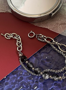 钛钢情侣手链男女潮嘻哈双层链条裂纹珠