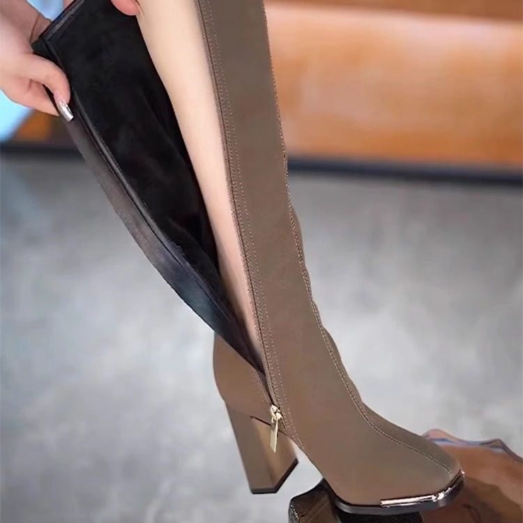 不过膝长靴女高跟粗跟时装靴2025年冬季新款方头侧拉链加绒高筒靴,淘宝优惠券,粉丝福利购,淘宝优惠卷