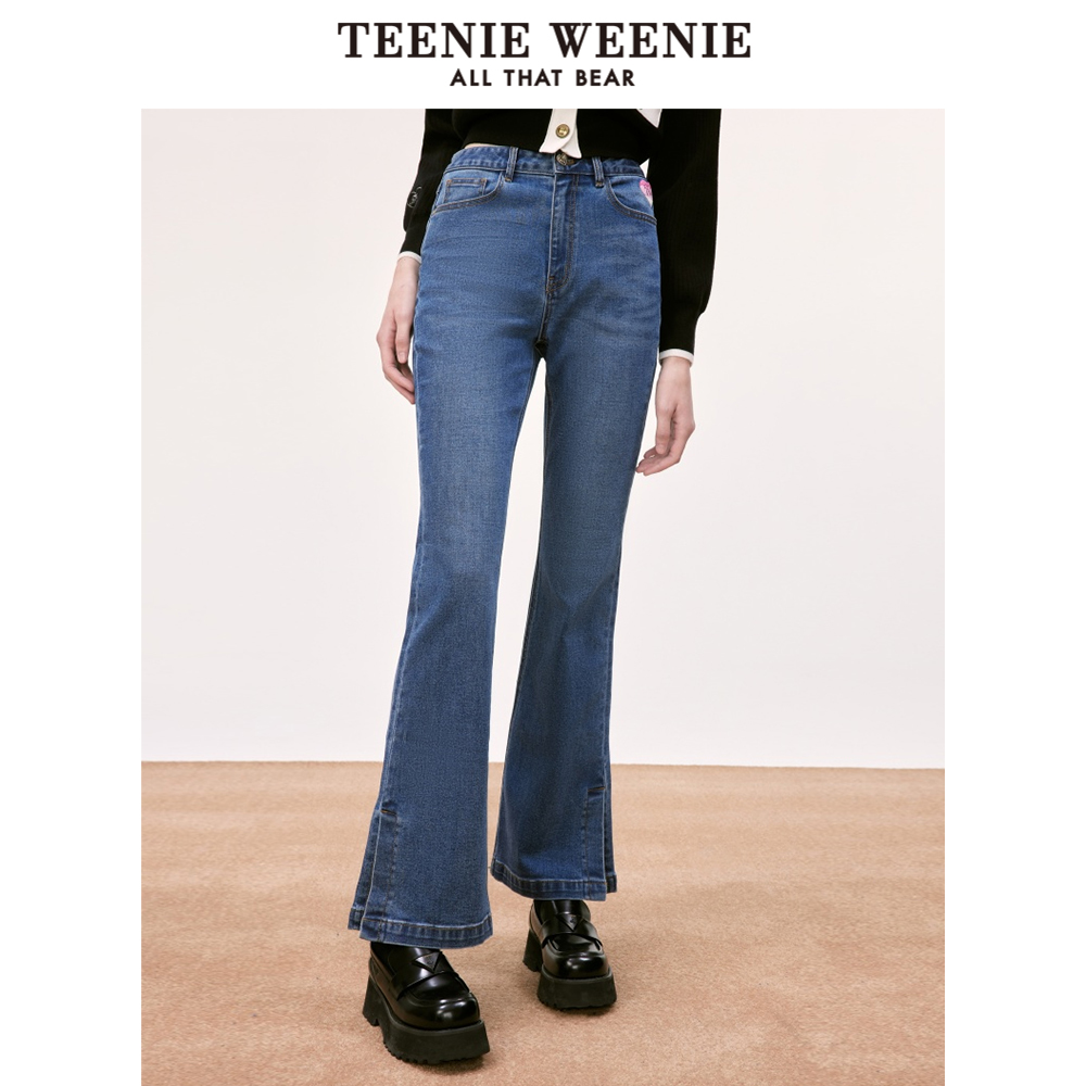TeenieWeenie小熊牛仔黑色长裤小个子微喇喇叭裤美式开叉吸湿功能 - 图0