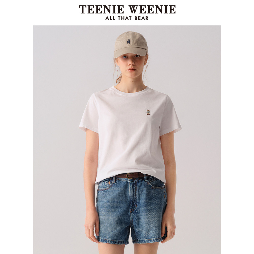 TeenieWeenie小熊2025年白色t恤新款夏季基础圆领棉短袖上衣女装