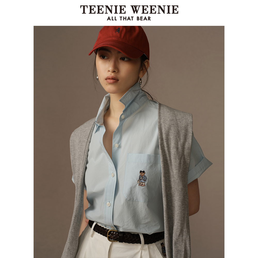 TeenieWeenie小熊短袖衬衫2025夏季新款慵懒风披肩上衣白色衬衣女