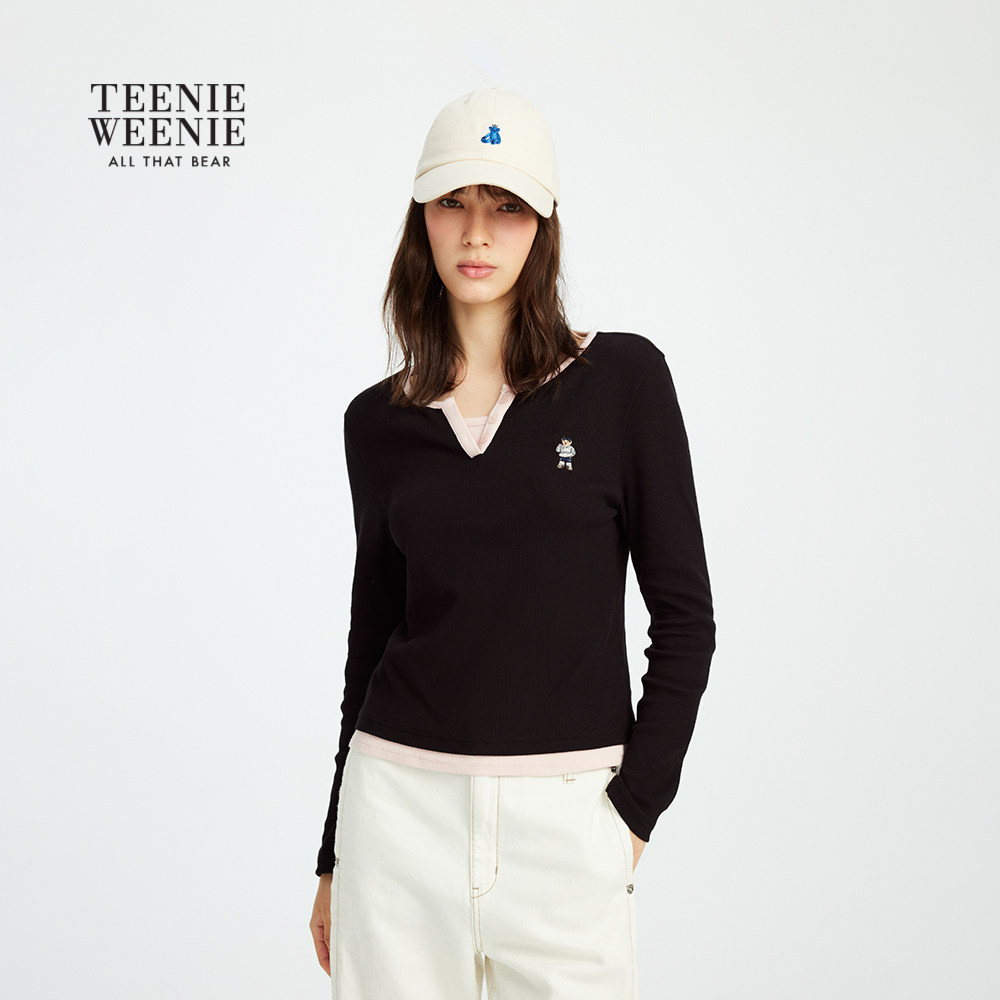 TeenieWeenie小熊女装长袖T恤秋冬季假两件拼接亨利领打底衫上衣,淘宝优惠券,粉丝福利购,淘宝优惠卷