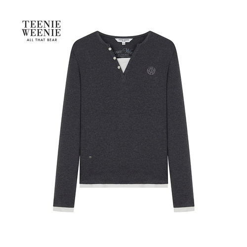 TeenieWeenie小熊女装柔软复古亨利V领T恤合身拼接长袖打底衫上衣 - 图2