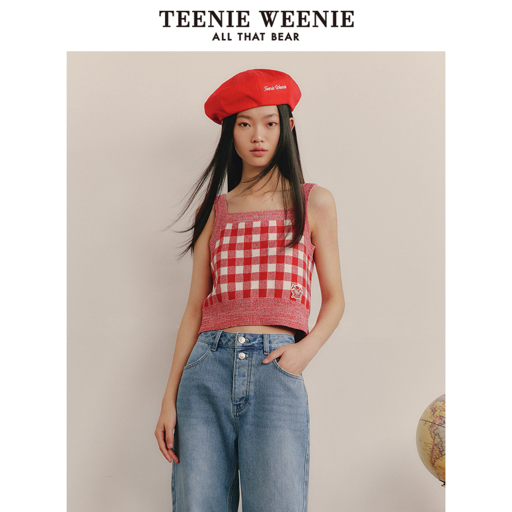 TeenieWeenie小熊格纹毛衣背心女毛衫马甲内搭时尚休闲