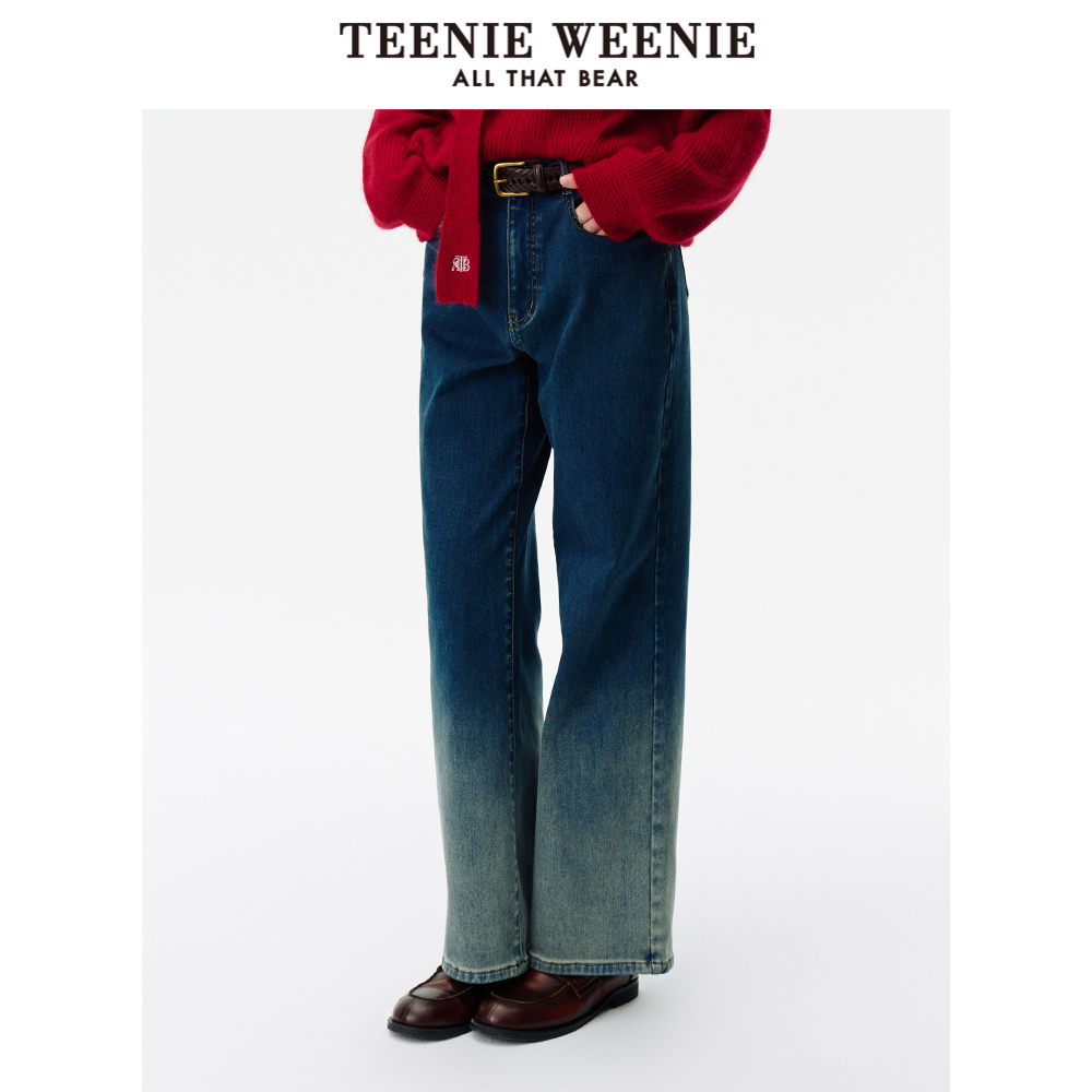 TeenieWeenie小熊女装简约渐变色牛仔裤女冬季保暖加绒舒适直筒裤 - 图0