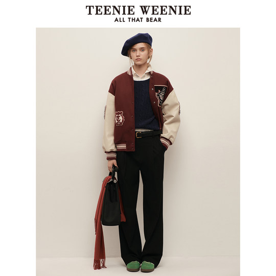 TeenieWeenie Bear Women's Jacket Fall Fashionable Contrast Color Spliced ​​Baseball Suit Wool Blender Top
