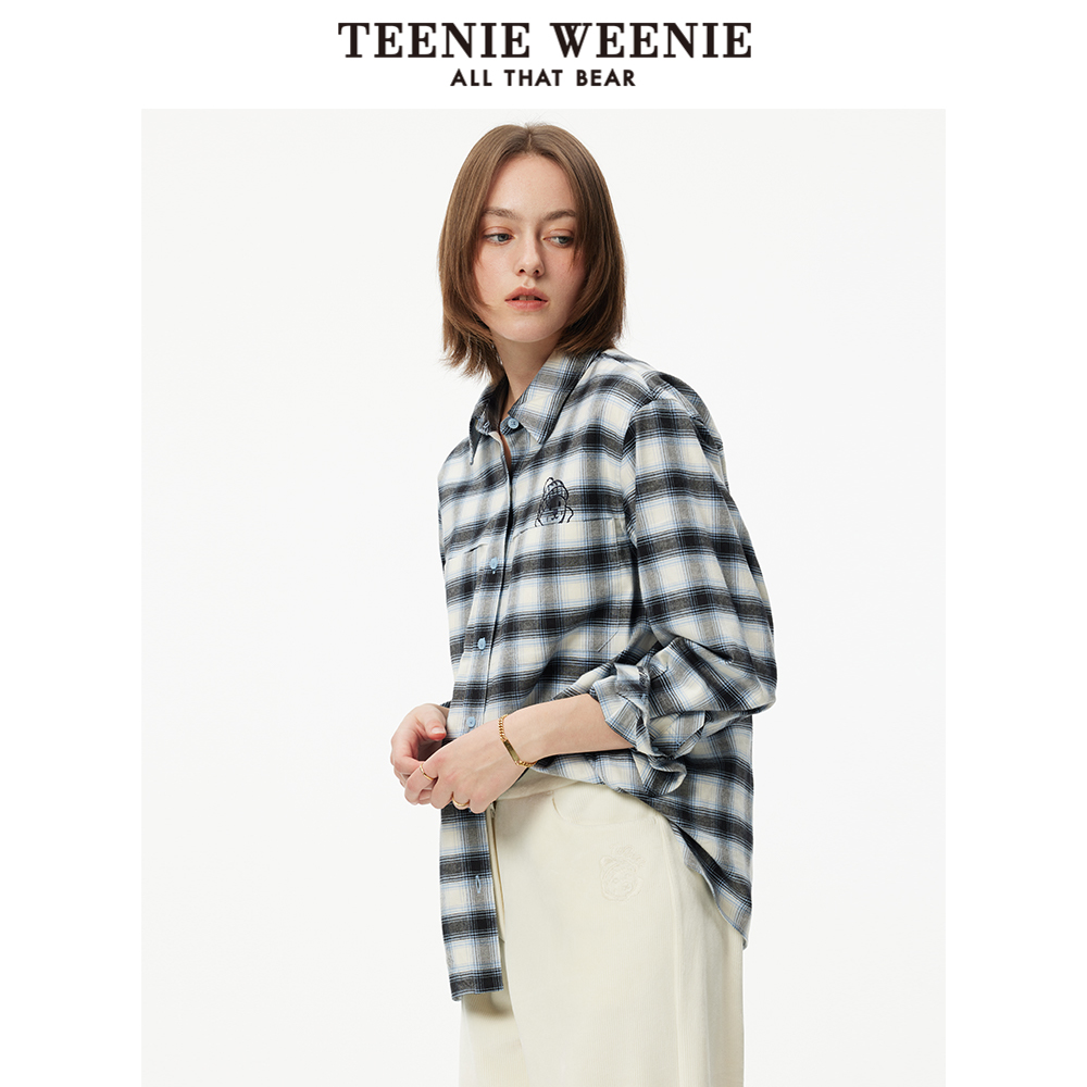 TeenieWeenie小熊女装衬衫春季棉学院风休闲潮流格纹长袖衬衣藏青