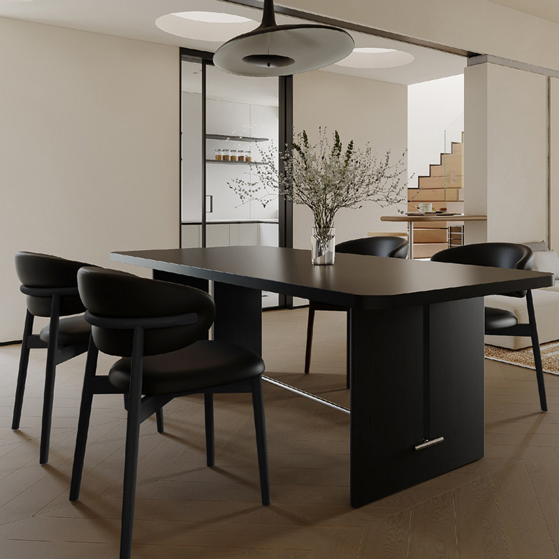 复古实木下挂岩板黑色中古风餐桌椅组合小户型设计师简约现代家用,淘宝优惠券,粉丝福利购,淘宝优惠卷