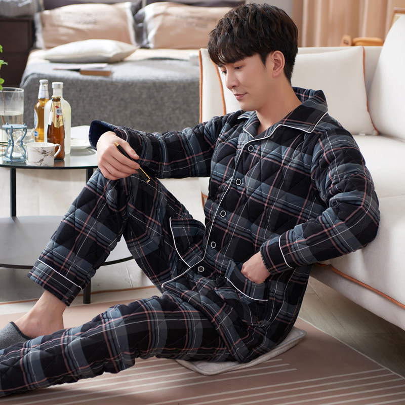 男士睡衣秋冬季纯棉加厚夹棉袄格子三层湖南省服可外穿家居服套装,淘宝优惠券,粉丝福利购,淘宝优惠卷