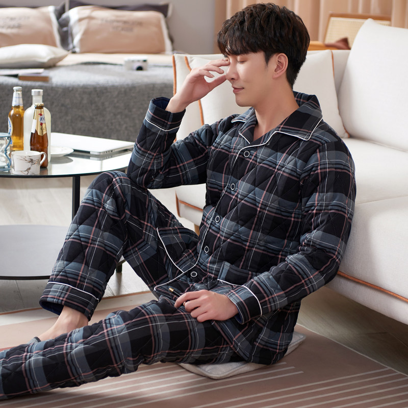 男士睡衣秋冬季纯棉加厚夹棉袄格子三层湖南省服可外穿家居服套装,淘宝优惠券,粉丝福利购,淘宝优惠卷