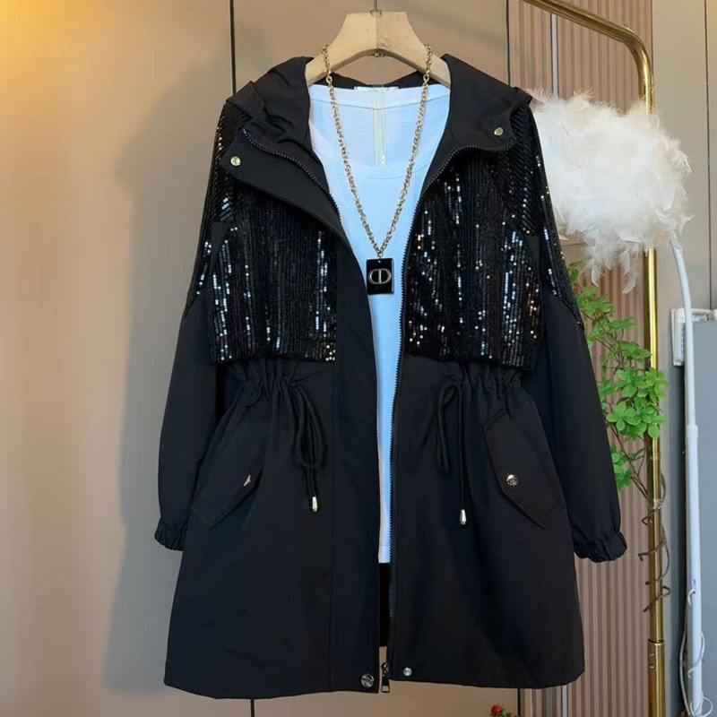 胖妹妹大码秋季新款时尚休闲外套女韩版重工亮片连帽收腰开衫风衣,淘宝优惠券,粉丝福利购,淘宝优惠卷