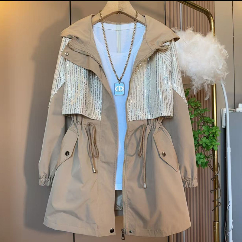 胖妹妹大码秋季新款时尚休闲外套女韩版重工亮片连帽收腰开衫风衣,淘宝优惠券,粉丝福利购,淘宝优惠卷