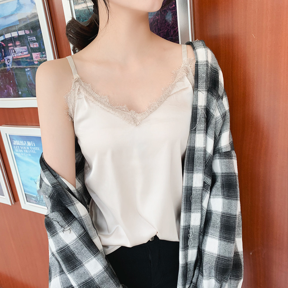 夏季性感蕾丝拼接V领丝绸缎面背心小吊带女肩带可调节内搭打底衫_虎窝淘