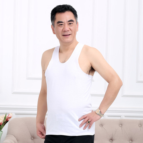 老头衫中老年人全棉跨栏白背心男士夏季大码纯棉圆领短袖宽松汗衫 - 图1