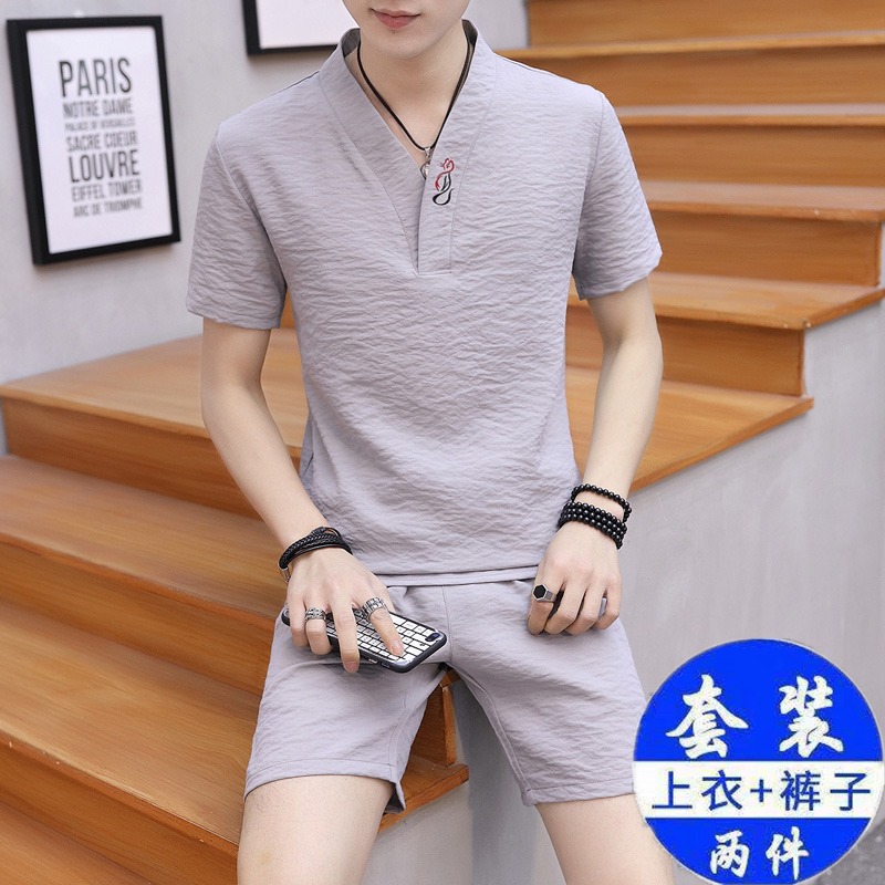 绿坝旗舰店中国风两件套男上衣中式民族服装短袖青年汉服唐装男装休闲潮套装3