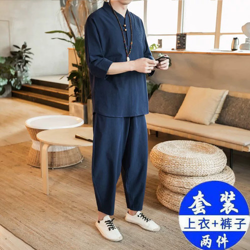 中国风两件套衣服短袖套装男宽松中式古风民族风汉服禅服禅意唐装 - 图1