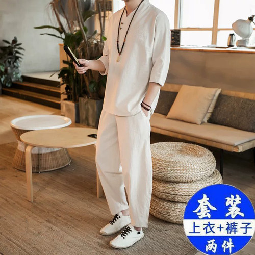 中国风两件套衣服短袖套装男宽松中式古风民族风汉服禅服禅意唐装 - 图2