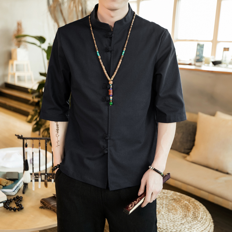 绿坝旗舰店中国风盘扣七分袖男青年中式汉服上衣唐装大码复古半袖男装茶禅服1