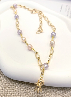 2025天然淡水巴洛克珍珠螺纹珠粉紫彩色粗链条水手扣项链锁骨链