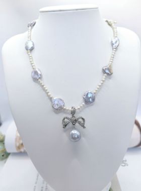 天然炫彩银蓝光巴洛克设计款项链手链万能扣吊坠天然珍珠三件套