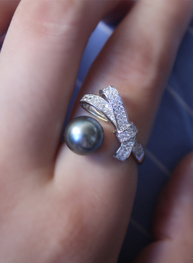 天然海水大溪地珍珠蝴蝶结戒指
