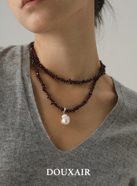 DOUXAIR天然石榴石项链不规则串珠暗红长款毛衣链叠戴复古高级