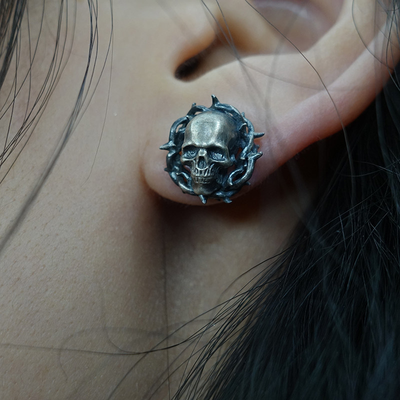 kozoo原创设计荆棘骷髅耳钉925纯银耳针银饰耳饰情侣质感K金暗黑,淘宝优惠券,粉丝福利购,淘宝优惠卷
