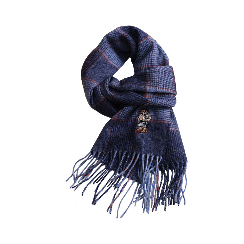 普鲁士蓝刺绣小熊丨英国定制100%羊毛格纹围巾女冬季生日礼物围脖,淘宝优惠券,粉丝福利购,淘宝优惠卷