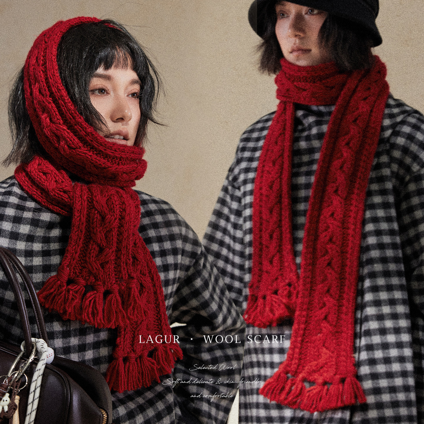 Lagur加长版＜异域可喜红＞粗针手工编织绞花流苏加厚围巾女冬季,淘宝优惠券,粉丝福利购,淘宝优惠卷