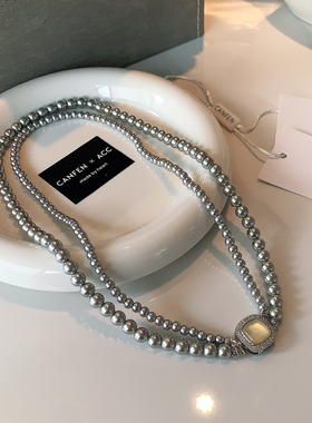 XMR小香风S家麻灰正圆珍珠锁骨链